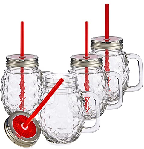 MamboCat 4er Set Trinkgläser mit Deckel Strohhalm & Henkel I 480ml Trinkbecher in Ananas-Form mit rotem Strohhalm für Cocktails Säfte Smoothies UVM I Glas mit Trinkhalm & Schraubverschluss