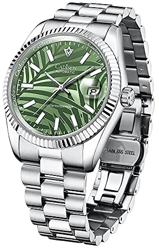 Cadisen - Reloj automático para hombre con reserva de marcha, cristal de zafiro, resistente al agua, correa de acero inoxidable, Verde, 40MM, Pulsera