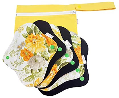 Lilind® Juego de 6 almohadillas de tela orgánicas de 24 cm, color negro, bolsa húmeda con cremallera, servilletas sanitarias menstruales reutilizables impermeables, 100% algodón, flores amarillas