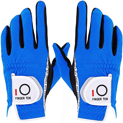FINGER TEN golfhandskar herr vänster höger golf handske värde 1 par golfhandskar vänster höger hand handskar för män golfare, alla väder mikrofiber regn grepp (blå M, par)