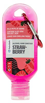 Palm Safe Strawberry 60ml Anti Bacterial Premium Hand Sanitiser Travel Size Refillable Clip Bottle Quick Drying Non Sticky Extra Moisturising Kills 99.9% of Viruses and Bacteria