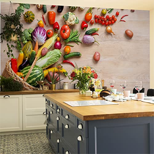 Wallepic Vlies Fototapete Küche Natur Gemüse Paprika Tomate 368 x 254 Moderne Tapete XXL Karotte Gurke 3D Küche Esszimmer Restaurant Wandtapete Mehrfarbig Abstrakt Br.368xHö.254
