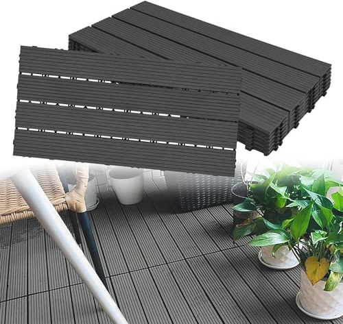 LARS360 6 Stück WPC Klickfliese Terrassenfliesen Holzoptik, Balkonfliesen, Stecksystem, Klickfliesen mit Drainage, zuschneidbar, für Garten/Balkon/Terrasse, (anthrazit, 30 x 60 cm)