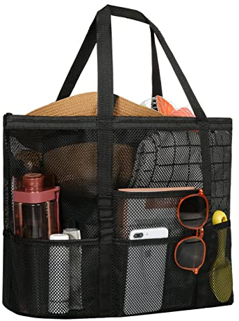 ZWOOS Grand Sac de Plage en Maille, Sac Fourre-Tout de Plage Anti-Sable Sac à Main Sac Beach Bag, Sac de Rangement pour L'été Vacances, Piscine, Voyage, Vêtements, Jouets, Gym (L, Noir)