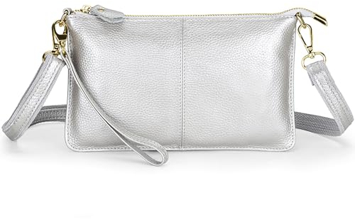 FORRICA Geldbörse Damen Handy Umhängetasche Echte Leder Handytasche Frauen Kleine Schultertasche Rindsleder Clutch Portemonnaie Silber