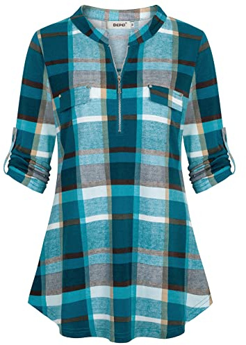 BEPEI Plaid Shirts for Women Plus Size,Fall Clothes 3/4 Sleeve Tops Work Office Wear Oversized Flannel Shirt Zipper V Neck Dressy Casual Blouses Business Career Winter Clothing,Turquoise 2XL