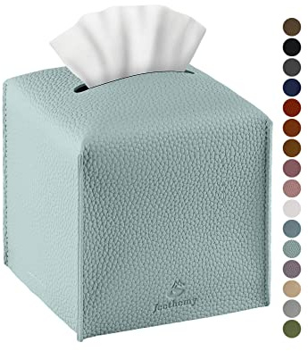 Tissue Box Cover, Jeethemy Square PU Leather Tissue Box Holder, Modern Tissue Case Facial Paper Organizer Dispenser，5X5X5'',Single Sky Blue