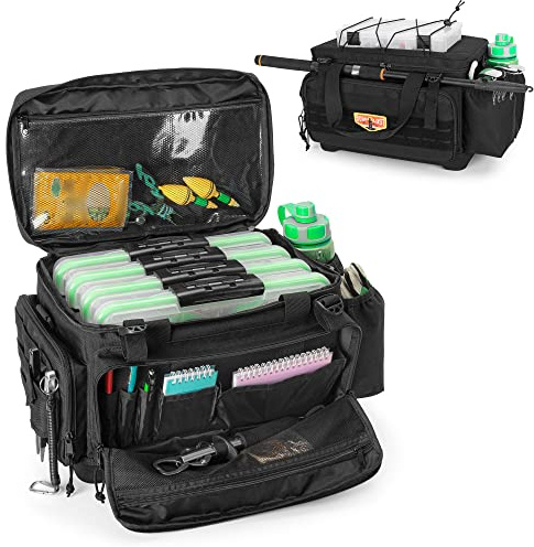 GOBUROS Waterproof Fishing Tackle Bag with Waterproof EVA Bottom (No Tackle Boxes in Package), Soft Tackle Box Storage Bag with Rod Holder, Black