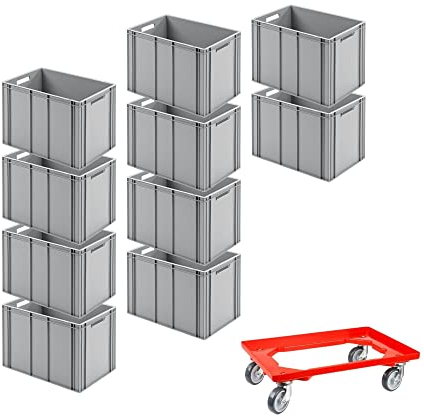 SparSet 10x Eurobehälter mit offenem Griff & 1x Transportroller Rot | HxBxT 42x40x60cm | 70 Liter | Eurobox, Transportbox, Transportbehälter, Stapelbehälter