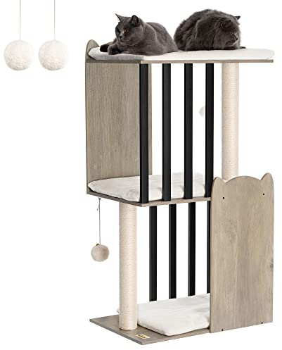 FourFurPets 3-stufiger moderner Kratzbaum, 111 cm hoch, Katzenbaum, mit 2 Voll Sisal Kratzsäulen, 3 Große Plattformen, Greige