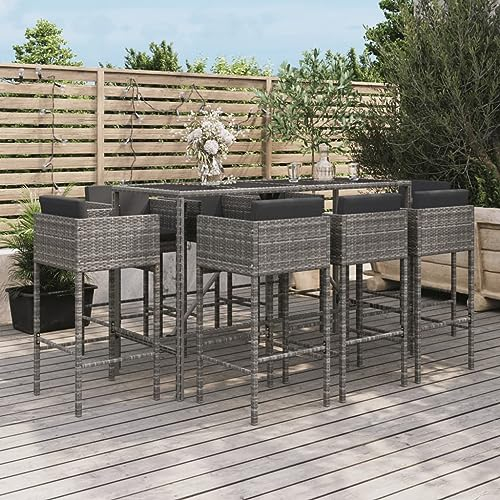 Tidyard 9-TLG. Gartenbar Set Rattan, Bartisch mit Barhockern & Kissen, Stehtisch mit Barstühlen, Tisch mit Glas-Tischplatte, Gartenmöbel Sitzgruppe, Poly Rattan, Grau