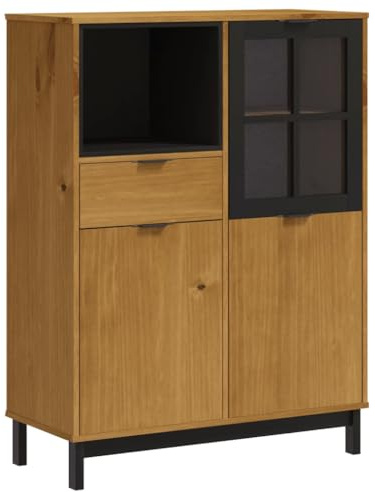 vidaXL FLAM Highboard - Solid Pine Wood Highboard with Oak Finish - Spacious Interior Storage with Practical Door - Durable and Elegant.