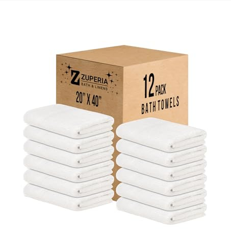 ZUPERIA White Bath Towels Bulk 12 Pack (20 x 40 Inches) - 100% Cotton Economy Light Weight Towels for Commercial Use - Quick Dry, Ultra-Soft, and Absorbent Bulk Towels