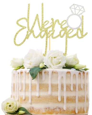 Sotpot 1PC We're Engaged Cake Topper with Ring Gold Glitter Engagement Cake Decoration for Bridal Shower Wedding Engagement Theme Party Supplies