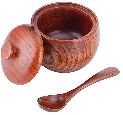 Eujgoov Caja de sal de madera, sal de azúcar, contenedor de especias, caja de sal, cuenco de sal con tapa y cuchara, tarro de especias, azucarero, caja de pimienta, contenedor de sal, caja de