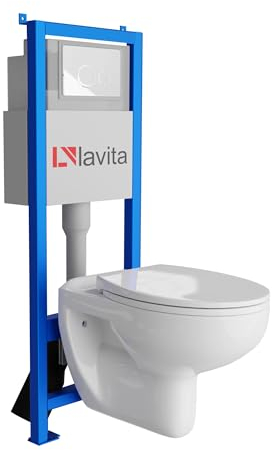 Lavita LAV 101 Vorwandelement für WC 40cm + Wand Hänge Tiefspül WC ARCTIC Weiß Spülrandlos + Bedienplatte LAV 200.4.1 Weiß | Komplettset | Unterputz Spülkasten | Toilette Komplett Sett