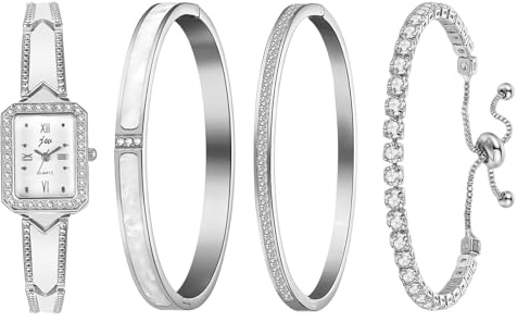 JewelryWe 4pcs Damenuhr Armreif Set Damen Strass Metallarmband Analog Quarz Uhr Kristall Infinity Unendlichkeit Zeichen Armband Schmuckset Geschenke für Frauen