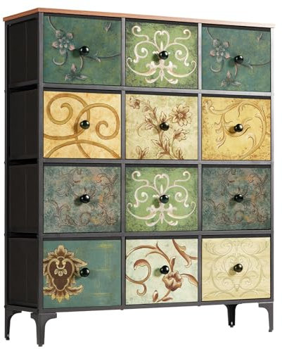 LYNCOHOME Chest of Drawers Bedroom,12-Drawer Wide Storage Organizer Unit for Living Room,Kids Room,Closet,Wood Board Fabric Drawers Easy to Assemble
