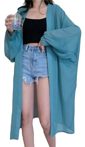 CuLtP Bolero Donna Giacche Bolero da Donna Cardigan Lunghi in Chiffon Cardigan Spolverino Estivo con Maniche Dolman Larghe Leggero Copricostume da Spiaggia Abiti da Sera Coprispalle Cappotto Nero S
