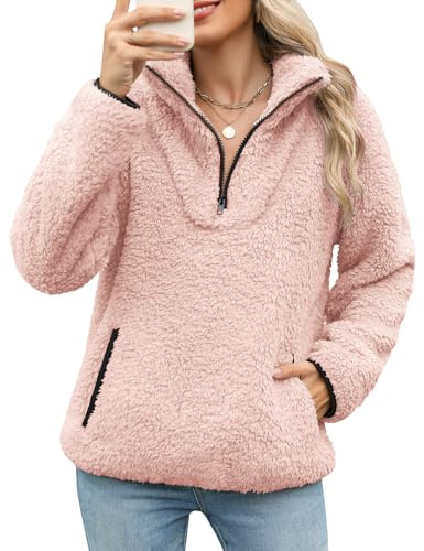 Tuopuda Donna Felpe Senza Cappuccio Pullover Pile Tops Termico Manica Lunga Felpe con Zip Tasche Maglione Caldo Autunno Invernali Sweatshirt Eleganti Hoodie Fleece Jumper Maglietta, Rosa, XL
