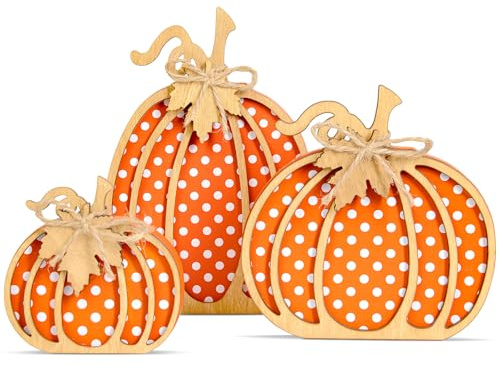 OLANRUN Fall Pumpkin Decor, Thanksgiving Fall Decorations for Home, Wooden Pumpkin Autumn Decor, 3 PCS Handmade Crafts, Thanksgiving Decorations for Indoor, Home Table Tiered Tray Mantel (4-8 Inch)