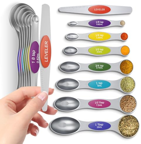 Howgoody Magnetische Messlöffel, 8 Stück, robustes 304 Edelstahl, passt in die meisten Gewürzgläser in der Küche zum Backen und Kochen, BPA-frei, zum Messen von trockenen und flüssigen Zutaten