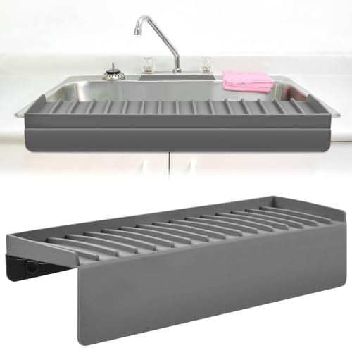 AYESY Silicone Sink Edge Protector Splash Guard, Kitchen Mat 5 Degree Tilt Angle Draining, Bathroom Sink Slope for Granite Quartz Countertop, Prevent Water Splashing - Grey