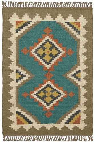Teppich, Wolle, Jute, 6,3 x 35,6 cm, türkisblau, Kelim, indischer Handgewebter Teppich, Flur, Treppe, Kelim, Flachgewebe, Wolle, Jute, Teppich, Flur und Küche, Eingangsbereich, Läufer für den