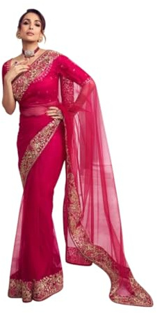 KULIA® Indischer Sari mit ungesäumtem Blusenteil, ethnisches Feuerstickereinetz, rosa Sari im Bollywood-Stil, Damen-Designerkleid, Bollywood-Partykleidung, indischer Sari, Hochzeitsgeschenke