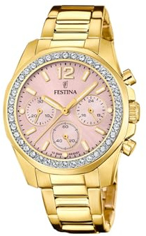 Festina Orologio Donna Analogico Acciaio Inossidabile 316L Oro - Quarzo Cronografo - Vetro minerale alta resistenza - Impermeabile 10 ATM F20609/4 - Boyfriend Collection