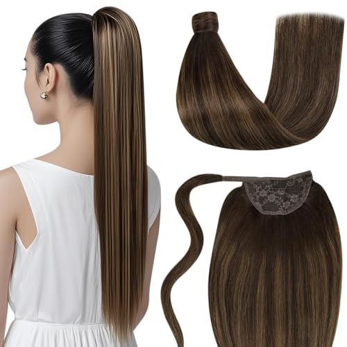 LaaVoo Braun Zopf Echthaar Extensions Balayage Echthaar Pferdeschwanz Extensions Dunkel Braun Ombre Hellbraun Ponytail Extensions Haarteil Zopf Echthaar Remy #2/8/2 30cm 70g