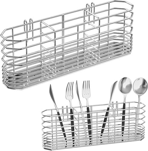 304 Stainless Steel Utensil Holder, Dish Drying Rack, Kitchen Utensil Organizer, Knife and Fork Drainage Rack, Kitchen Drainage Basket Accessories, with Hooks, Rust Proof, Color-Silver (Silver)