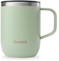 QWETCH - Mug Isotherme Inox Recyclé avec Anse -Vert Tilleul 350ml - Tasse Isotherme Café & Thé - 6h Chaud & 12h Froid - Bouchon Coulissant Anti-Éclaboussures & Compatible Infuseurs