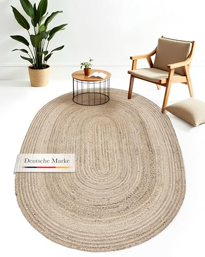 carpetfine Juteteppich Nele Taupe handgewebt aus Jute 80x150 cm | Oval Naturfaserteppich im Boho Style für Wohnzimmer, Küche und im Flur