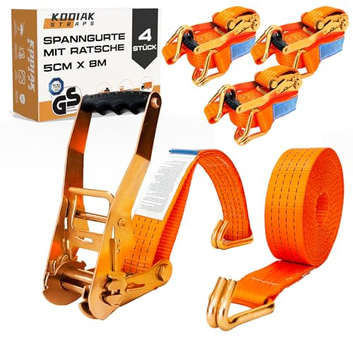 4 Stycken Spännremmar 8m x 4000kg med Spärrhake och Krok - 50mm Surrband med Spännbroms - Orange Spännbandsrem för Lastsäkring - TÜV/GS-certifierad, enligt DIN EN 12195-2 - KODIAK STRAPS