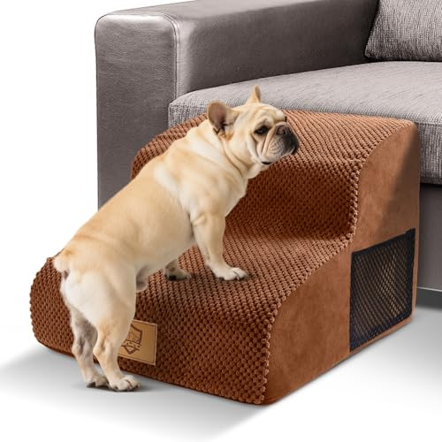 Thihome Dog Stairs for Small Dogs, 2 Step Non-Slip Dog Steps with Removable & Washable Cover, 30D High Density Foam Lightweight Pet Stairs for Bed, Sofa & Chair, 40 x 30 x 40cm，Brown