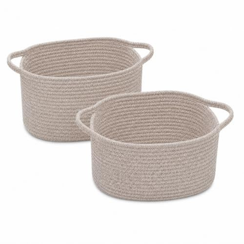 Woodluv Woven Storage Basket of 2, Cotton Rope Basket for Shelves, Baskets Storage for Toys, Books, Shoes, Home Bathroom Decor, 33x23x20cm, Beige