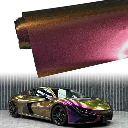 Blueshyhall Autofolie Farbwechsel, Autofolie Lila Grün Gold Glanz Metallic Glitzer, Car Wrapping Folie Chamäleon, Vinyl Film Wrap Lackschutzfolie mit Luftkanäle, Tuning Folie Innen Außen (75x152 cm)