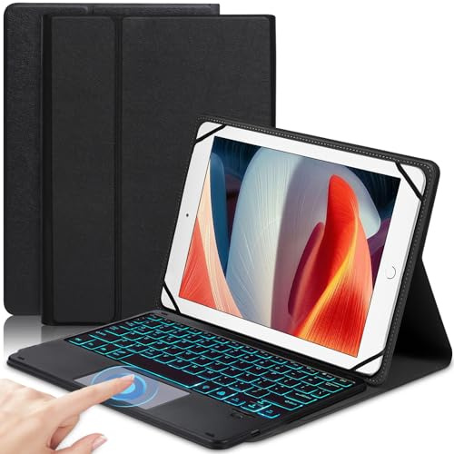 Funda universal de cuero con teclado BT para tabletas de 9 a 11 pulgadas con panel táctil retroiluminado, automático/apagado, botones ABS, soporte multiángulo, compatible con dispositivos iOS y