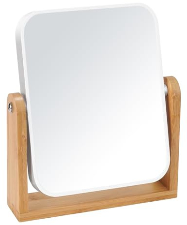 Home-X Table Desk Vanity Makeup Mirror, 1X/3X Magnification Double Sided 360 Degree Swivel with Natural Bamboo Stand, Compact Small Portable Free Standing Mirror for Dressing Table, Bathroom, Travel