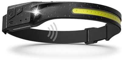 Lampe frontale LED rechargeable avec capteur de mouvement, 5 modes de lumière, faisceau large 230°, 350 lm, étanche IPX4, USB-C, lampe frontale super brillante réglable pour montagne, cyclisme