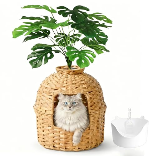 Klippehop Cat Litter Box, Rattan Hidden Plant Enclosure with Litter Box | Handwoven Cat House, Wicker Cats Toilet Furniture for Indoor Corner Living Room Bedroom Balcony, Boho Home Decor