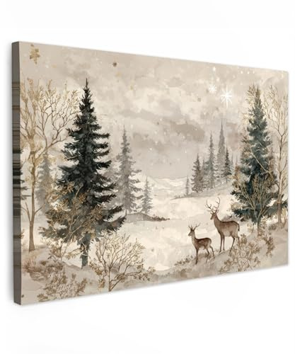 MuchoWow© Weihnachtsdeko Leinwandbild Groß XXL Dekoration Wohnzimmer Bilder | 120x80 cm - Pictures Weihnachtsgeschenke Decoration Living Room Deko Moderne Bild Geschenke Wald - Hirsche - Winter - Schnee