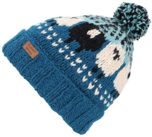 GURU SHOP Bommelmütze aus Nepal, Schurwolle, handgestrickt, Wintermütze | Kuschelige Mütze aus Schafwolle, weiches Fleecefutter, Unisex, Kopfumfang 56-60 cm, fair gehandelt, wasserabweisend