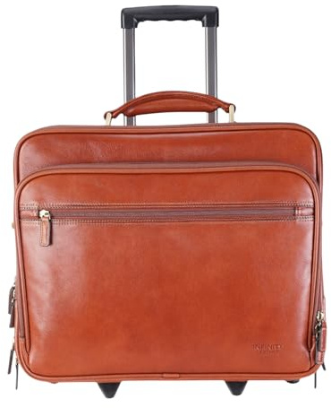 Cartella Portacomputer con Ruote in Vera Pelle – Borsa da Pilota Con Ruote Color Cuoio Per Uomo – Valigia da Viaggio da 29 Litri con Tracolla Regolabile