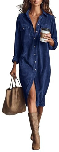 chouyatou Women's Fall Corduroy Button Down Shirt Dress Casual Lapel a Line Pleated Tunic Shift Midi Long Dress (Large, Navy Blue)