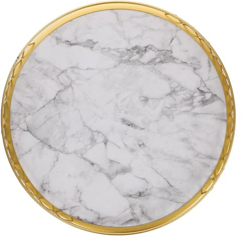 SMASOLO Plateau Rond de Service en Bois et Métal Motif Marbre Blanc Grand Format Cadre Doré Plateau de Rangement Décoratif pour Table à Thé Fruits et Petit-Déjeuner Accessoire