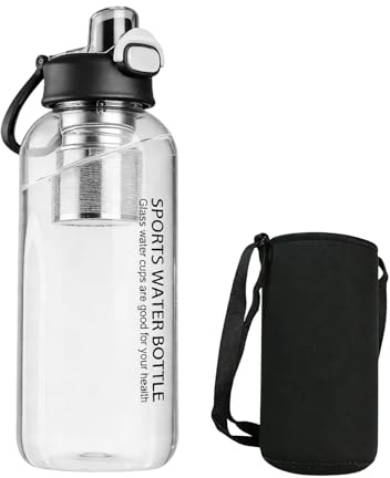 Gourde En Verre Borosilicate De 1,5 L, 1.5l Sport Gourde Verre, En Verre De, Bouteille En Verre Avec Infuseur En Acier Inoxydable Pour Sport, Bureau, L'École Et Activités De Plein Air, Noire