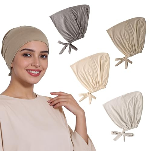 YAEGIMHT 4 Stück Hijab Kopftuch Damen, Muslimische Unterschal Hijab Undercap, Elastische Atmungsaktive Kopftücher Undercap, Chemo Kopftuch Schlafmütze (Grau, Aprikose, Cremeweiß, Beige