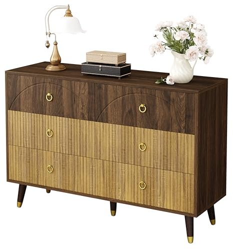 HAINEW Kommode Sideboard mit 6 Schubladen und Goldene Zuglasche, Schubladenkommode Schubladenschrank Aufbewahrungsschrank, Farbblockdesign, Walnuss+Gelb, 120×40×81cm, HNDE25120914
